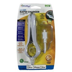 PowerUp! 2.4 Amp Rapid Charger Lightning Connector Car Charger 6 Ft Cord NEW